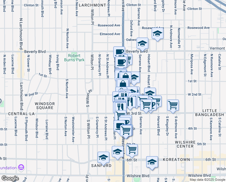 map of restaurants, bars, coffee shops, grocery stores, and more near 4454 West 2nd Street in Los Angeles