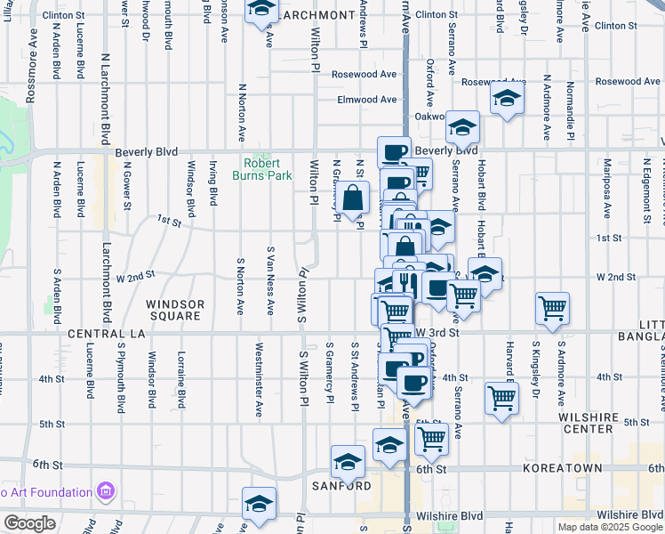 map of restaurants, bars, coffee shops, grocery stores, and more near 200 South Gramercy Place in Los Angeles