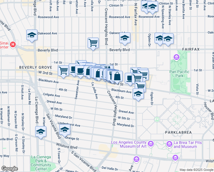 map of restaurants, bars, coffee shops, grocery stores, and more near 8120 Blackburn Avenue in Los Angeles
