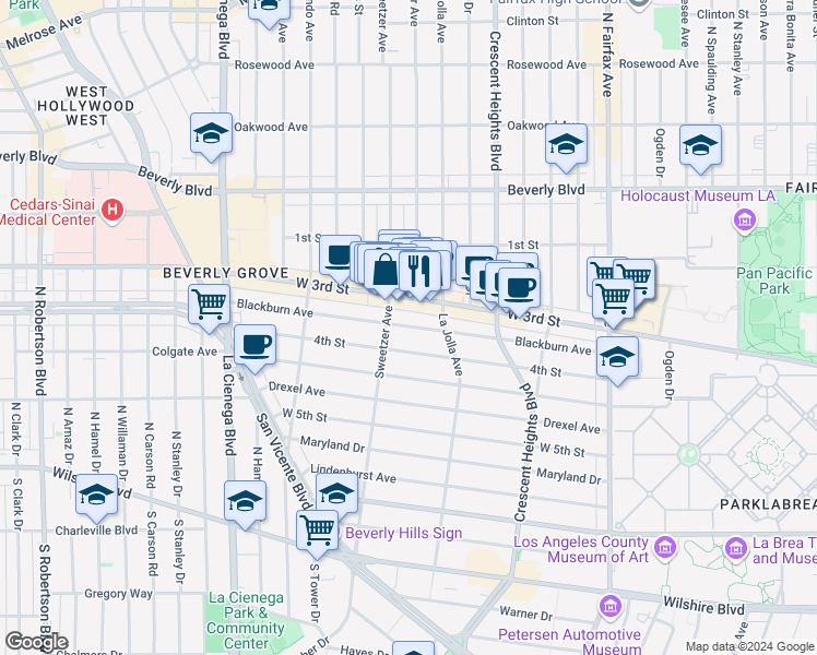 map of restaurants, bars, coffee shops, grocery stores, and more near 8263 West 4th Street in Los Angeles