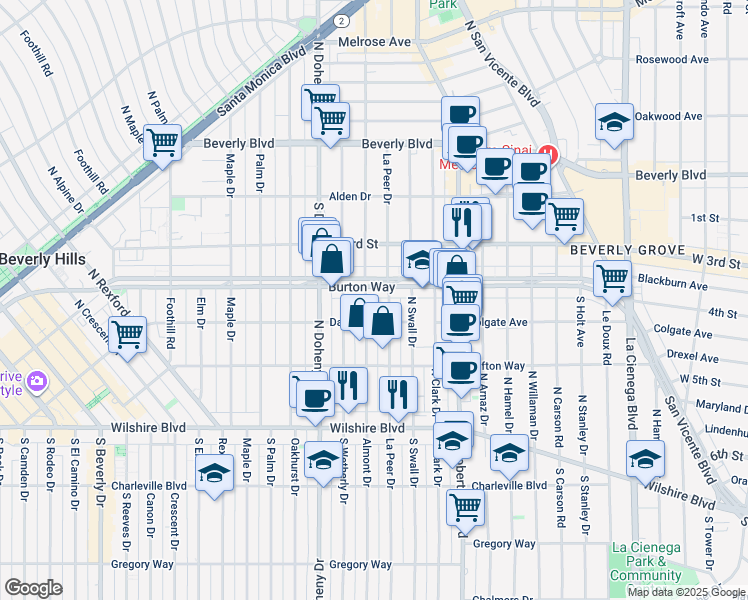 map of restaurants, bars, coffee shops, grocery stores, and more near 302 North Almont Drive in Beverly Hills
