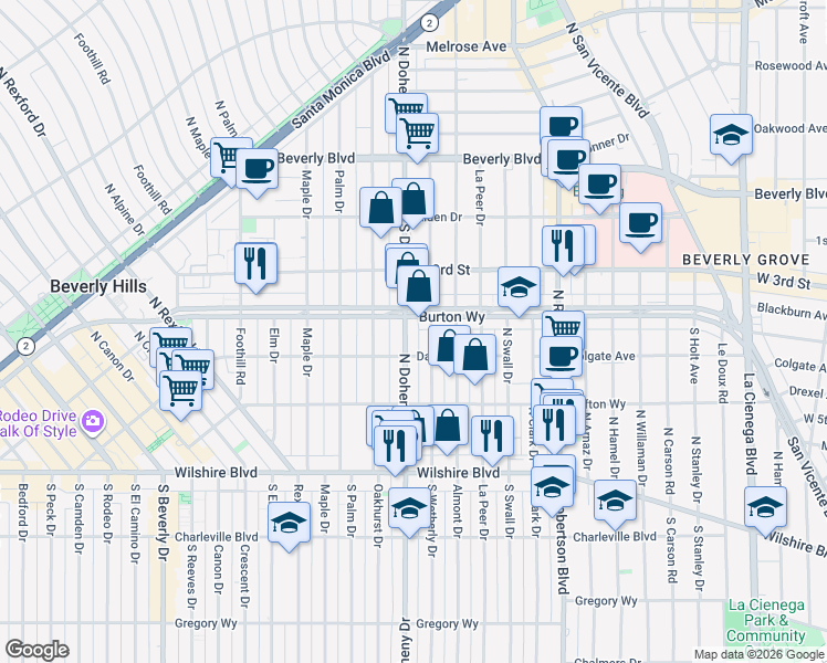 map of restaurants, bars, coffee shops, grocery stores, and more near 303 North Wetherly Drive in Beverly Hills