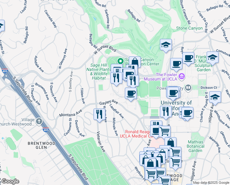 map of restaurants, bars, coffee shops, grocery stores, and more near 345 De Neve Drive in Los Angeles