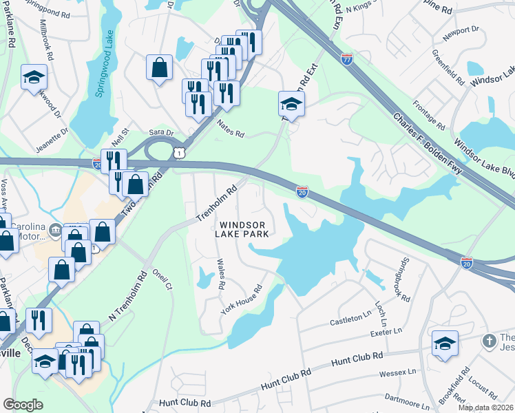 map of restaurants, bars, coffee shops, grocery stores, and more near 215 Windsor Point Road in Columbia