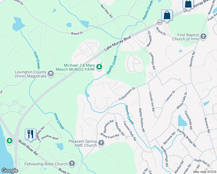 map of restaurants, bars, coffee shops, grocery stores, and more near 131 Heatherstone Road in Columbia