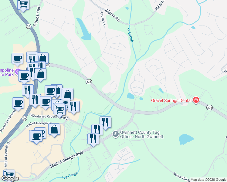 map of restaurants, bars, coffee shops, grocery stores, and more near 3152 Mill Springs Circle Northeast in Buford