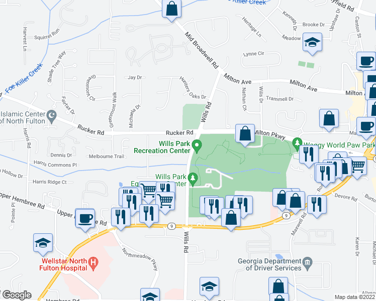 map of restaurants, bars, coffee shops, grocery stores, and more near 370 Wagon Way in Alpharetta