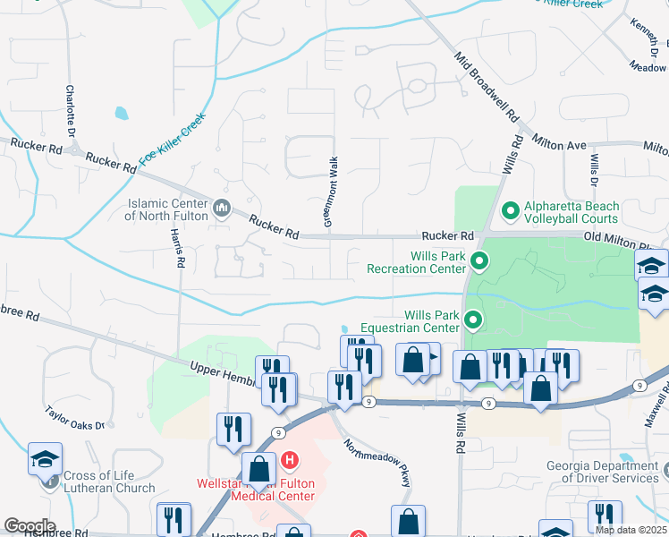 map of restaurants, bars, coffee shops, grocery stores, and more near 11865 Brisbane Drive in Alpharetta