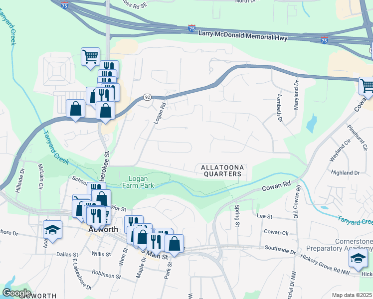 map of restaurants, bars, coffee shops, grocery stores, and more near 4245 Brandy Ann Drive in Acworth