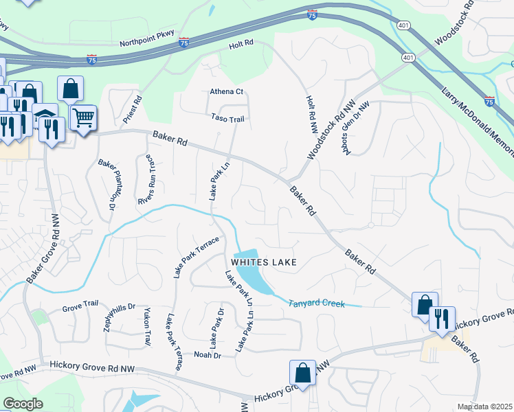map of restaurants, bars, coffee shops, grocery stores, and more near 2954 Lighthouse Court in Acworth