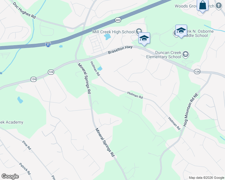 map of restaurants, bars, coffee shops, grocery stores, and more near 1880 Holman Road in Hoschton