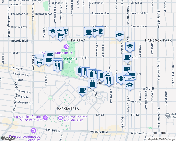 map of restaurants, bars, coffee shops, grocery stores, and more near 167 South Martel Avenue in Los Angeles