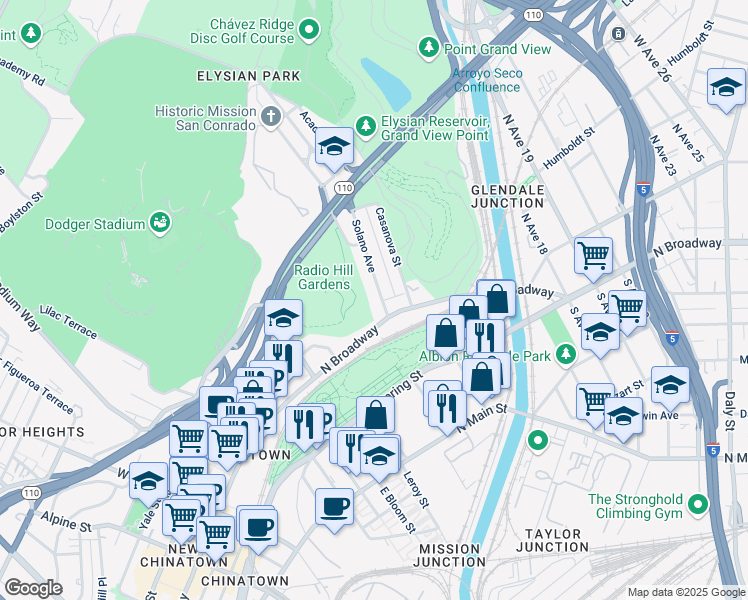 map of restaurants, bars, coffee shops, grocery stores, and more near 424 Solano Avenue in Los Angeles