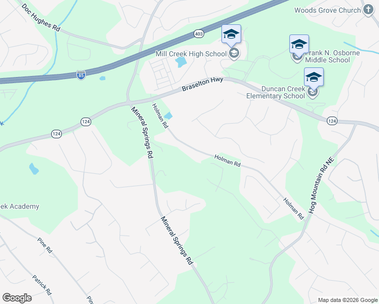 map of restaurants, bars, coffee shops, grocery stores, and more near 1878 Holman Road in Hoschton