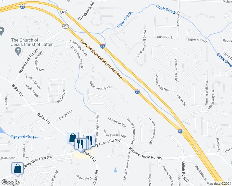 map of restaurants, bars, coffee shops, grocery stores, and more near 4809 Arbor View Parkway in Acworth