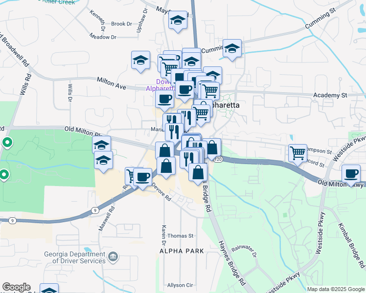 map of restaurants, bars, coffee shops, grocery stores, and more near 2145 Old Milton Parkway in Alpharetta