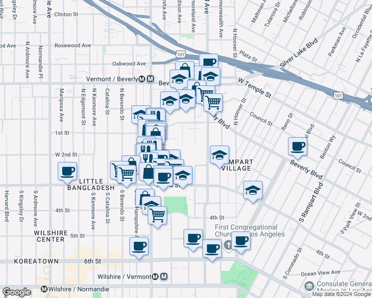 map of restaurants, bars, coffee shops, grocery stores, and more near 158 South Madison Avenue in Los Angeles