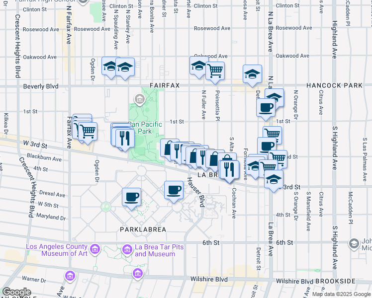 map of restaurants, bars, coffee shops, grocery stores, and more near 167 South Martel Avenue in Los Angeles