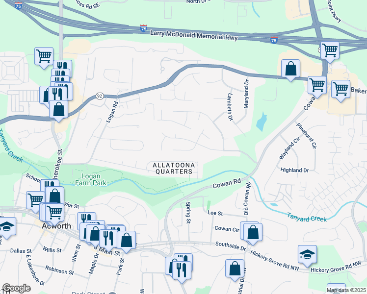 map of restaurants, bars, coffee shops, grocery stores, and more near 3992 Garden Circle in Acworth