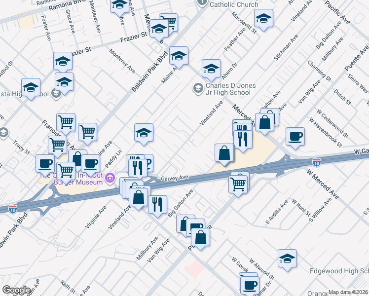 map of restaurants, bars, coffee shops, grocery stores, and more near 3160 Vineland Avenue in Baldwin Park
