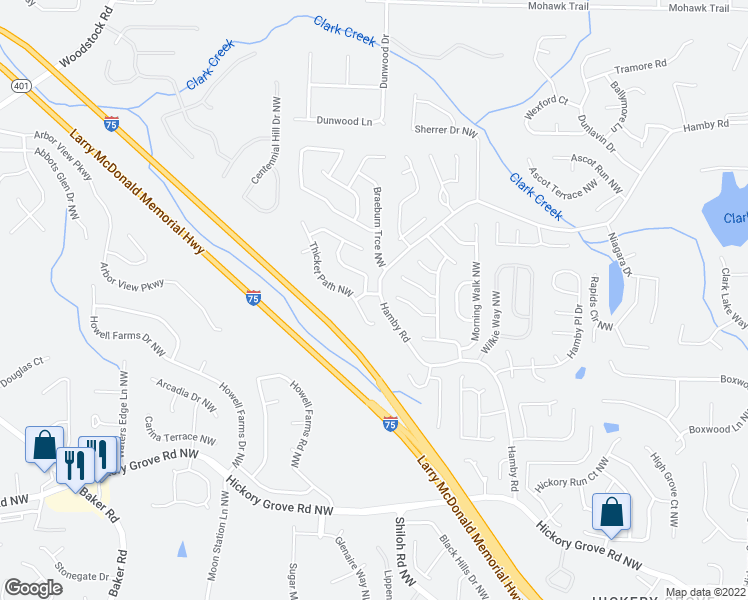 map of restaurants, bars, coffee shops, grocery stores, and more near 2101 Spanish Oaks Way in Acworth