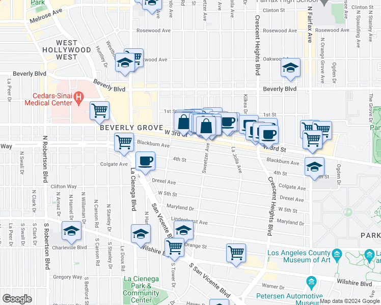map of restaurants, bars, coffee shops, grocery stores, and more near 8336 Blackburn Avenue in Los Angeles