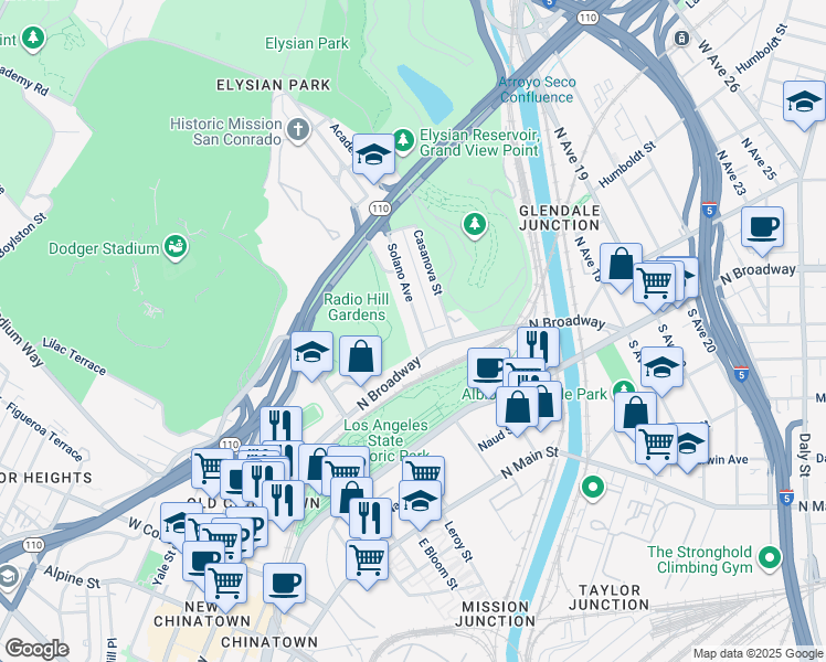 map of restaurants, bars, coffee shops, grocery stores, and more near 424 Solano Avenue in Los Angeles