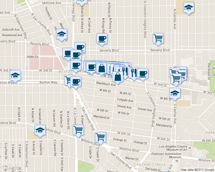 map of restaurants, bars, coffee shops, grocery stores, and more near 8336 Blackburn Avenue in Los Angeles