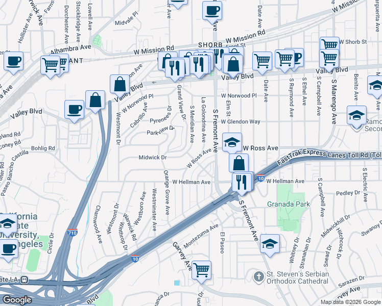 map of restaurants, bars, coffee shops, grocery stores, and more near 2712 West Ross Avenue in Alhambra