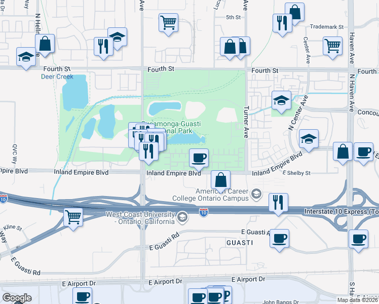 map of restaurants, bars, coffee shops, grocery stores, and more near 2915 East Via Terrano in Ontario
