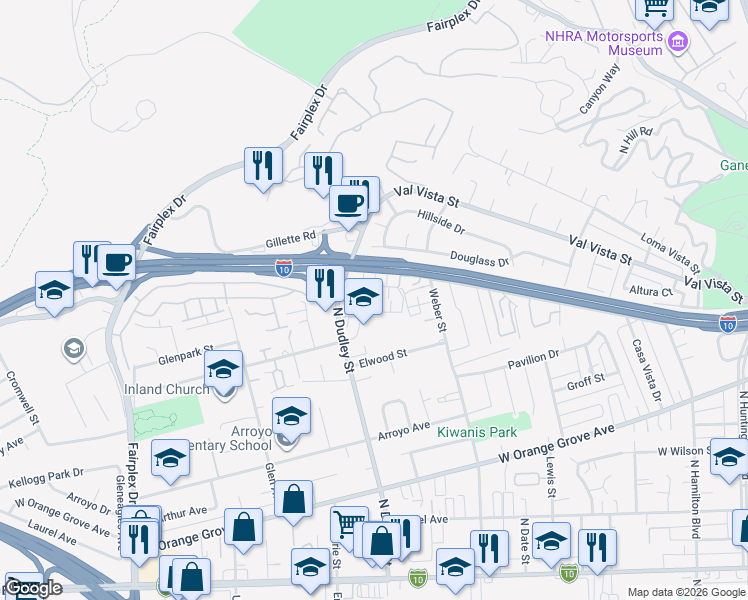map of restaurants, bars, coffee shops, grocery stores, and more near 1450 Stratus Drive in Pomona