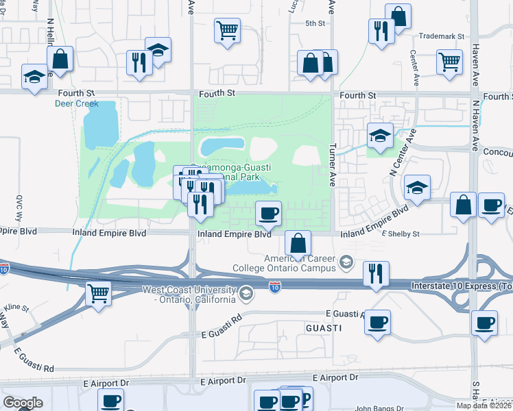 map of restaurants, bars, coffee shops, grocery stores, and more near 2915 East Via Terrano in Ontario