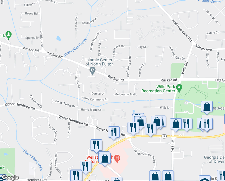 map of restaurants, bars, coffee shops, grocery stores, and more near 120 Quay Circle in Alpharetta