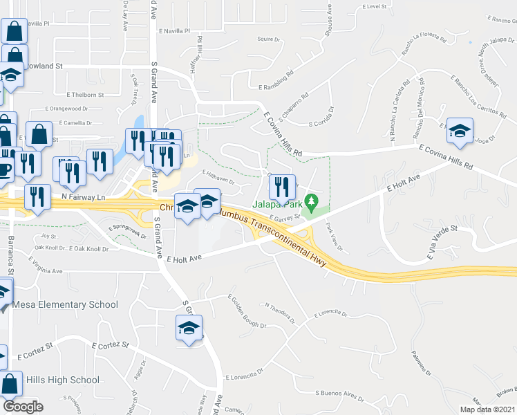 map of restaurants, bars, coffee shops, grocery stores, and more near 1211 East Garvey Street in Covina
