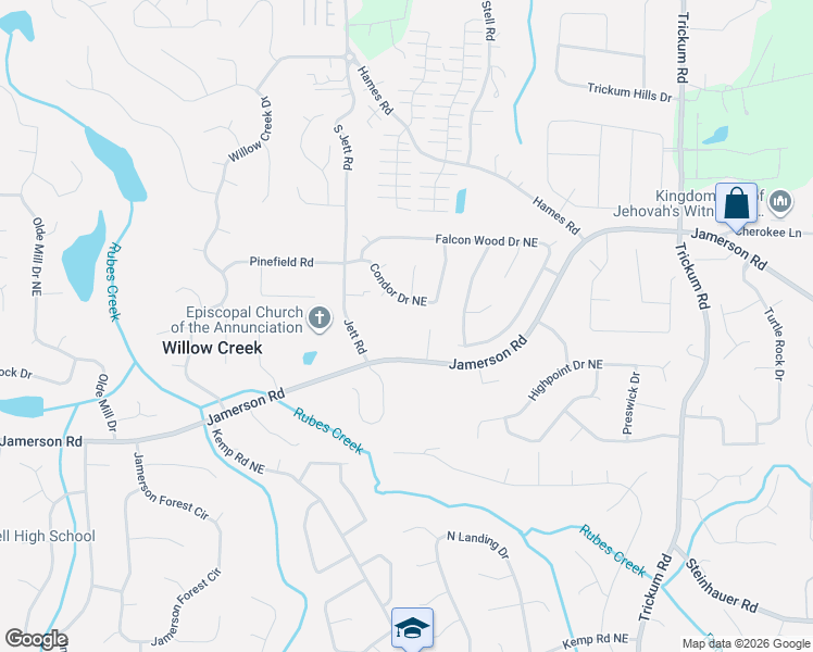 map of restaurants, bars, coffee shops, grocery stores, and more near 5005 Kingsley Manor Court in Marietta