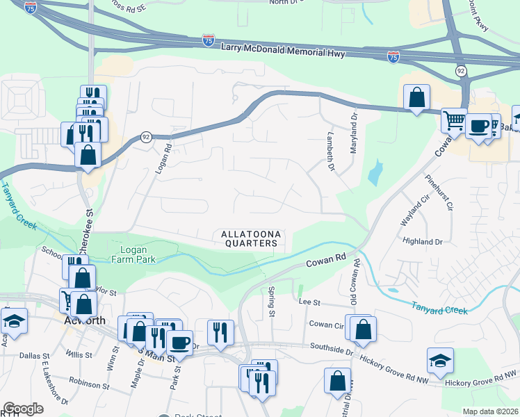 map of restaurants, bars, coffee shops, grocery stores, and more near 3992 Garden Circle in Acworth