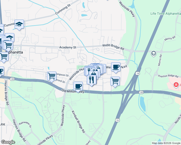 map of restaurants, bars, coffee shops, grocery stores, and more near 1213 1st Street in Alpharetta