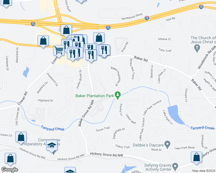 map of restaurants, bars, coffee shops, grocery stores, and more near 4921 Baker Plantation Way in Acworth