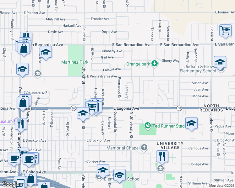 map of restaurants, bars, coffee shops, grocery stores, and more near 928 East Sharon Road in Redlands