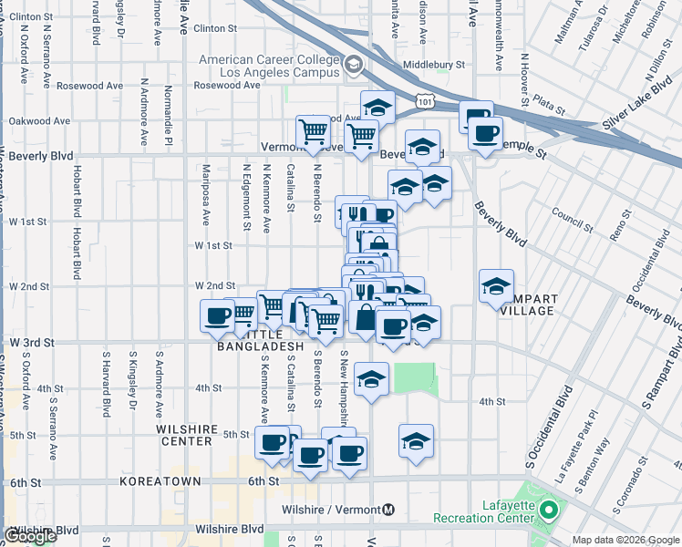map of restaurants, bars, coffee shops, grocery stores, and more near 209 South New Hampshire Avenue in Los Angeles