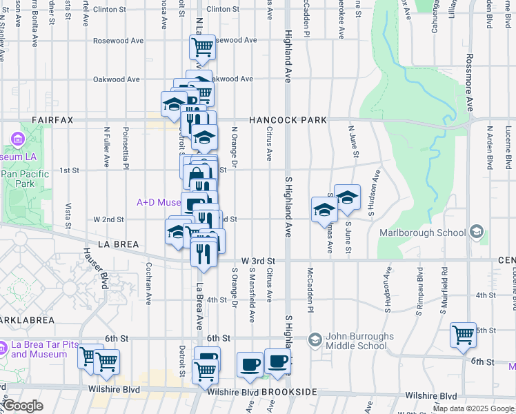 map of restaurants, bars, coffee shops, grocery stores, and more near 166 South Mansfield Avenue in Los Angeles