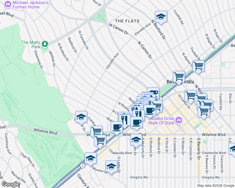 map of restaurants, bars, coffee shops, grocery stores, and more near 600 North Roxbury Drive in Beverly Hills