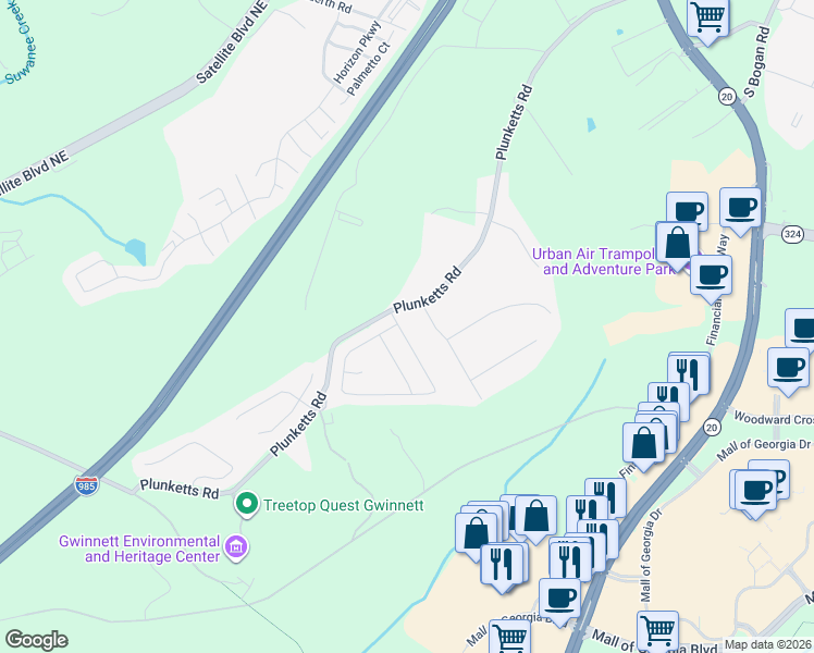 map of restaurants, bars, coffee shops, grocery stores, and more near 3467 Greyhawk Crossing in Buford