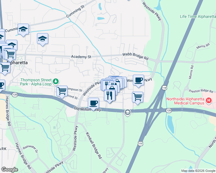 map of restaurants, bars, coffee shops, grocery stores, and more near 2150 Avalon Boulevard in Alpharetta