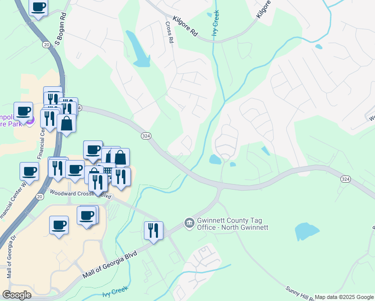 map of restaurants, bars, coffee shops, grocery stores, and more near 3160 Mill Springs Circle Northeast in Buford