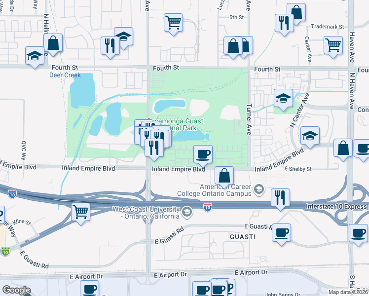map of restaurants, bars, coffee shops, grocery stores, and more near 2873 East Via Terrano in Ontario
