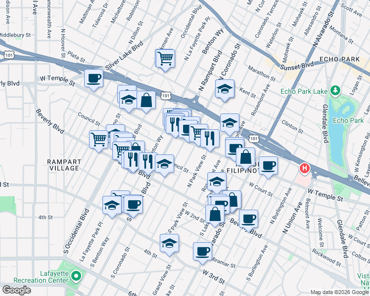 map of restaurants, bars, coffee shops, grocery stores, and more near 246 North Coronado Street in Los Angeles