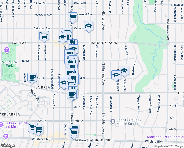 map of restaurants, bars, coffee shops, grocery stores, and more near 166 South Mansfield Avenue in Los Angeles