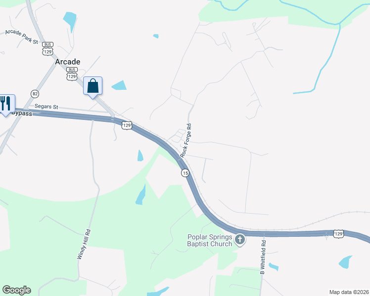 map of restaurants, bars, coffee shops, grocery stores, and more near 57 Rock Forge Road in Arcade