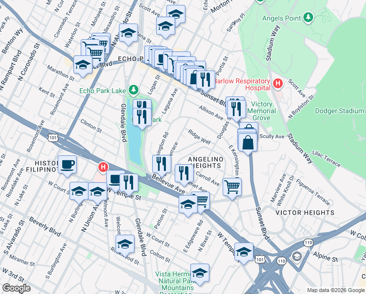 map of restaurants, bars, coffee shops, grocery stores, and more near 1471 Wallace Avenue in Los Angeles